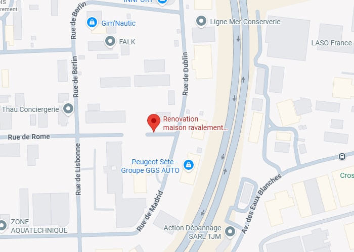 Carte Sète : Rénovation Maison Ravalement Géolocalisation. Carte géographique à Sète. Localisation "Rénovation maison ravalement" sur la Rue de Madrid, entre Rue de Berlin, Rue de Rome et Peugeot Sète.