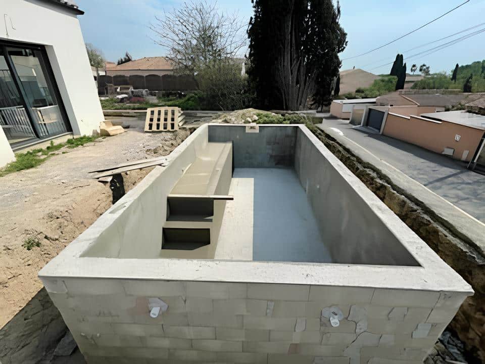 Piscine en construction : gros-œuvre du bassin en béton armé. Chantier de construction d'une piscine rectangulaire en béton armé avec escalier intégré. Le bassin est près d'une maison neuve.